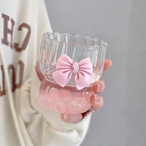 MaxPlus【Ready in Stock】 300ml Cute Bow Shaped Glass Cup Coffee Cup Transparent Cold Drink Ice Cream Cup Mug