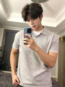 OUMULONG | Gray Pseudo-two-layer Short Sleeve Polo Style T-shirt