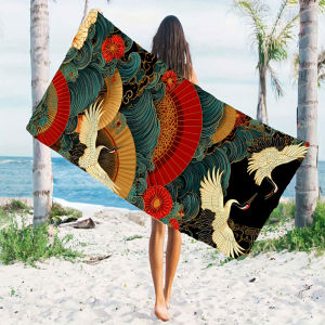 Chinese Red-Crowned Crane Wave Quick Drying Microfiber Beach Towel Lightweight for Swimming Camping Yoga - Bath Towel