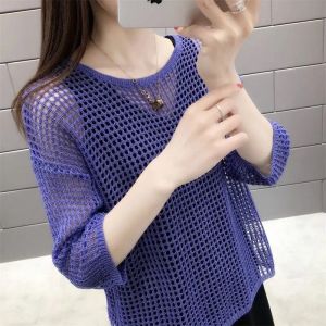 เสื้อถักแฟชั่นฤดูร้อนใหม่สำหรับผู้หญิงไซส์ใหญ่ แขนสั้น ทรงหลวม กระเป๋าผ้าเช็ดหน้า ผ้าฝ้ายผสมโพลีเอสเตอร์ ความยาวปกติ