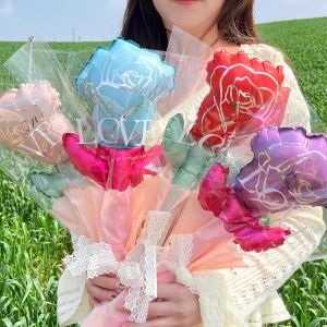 10Pcs Rose Flower Bouquet Balloons Wedding Birthday Party Decoration Valentines Day Ornament Home Arrangement Props Inflatable Aluminum Foil Balloon