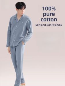 MiiOW | Mens Summer Thin Long Sleeve Pure Cotton Pajamas Set Home Clothes Cardigan Large Size Catman Breathable Comfortable Sleepwear