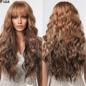 วิกผมสังเคราะห์ผมหยิกยาวสีน้ำตาลเข้มผสมกับผมหยิกธรรมชาติมีผมม้าตามธรรมชาติสำหรับผู้หญิงผมคอสเพลย์ทนความร้อนสูง