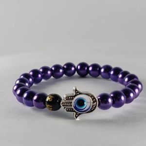 2025 Blessed Future Dusk Pearl Stone & Evil Eye \"Hamsa\" Hand of Fatima w/ Black Mantra Crystal Lucky Charm Bracelet: Lucky Color of the Year Feng Shui for Good Fortune and Protection