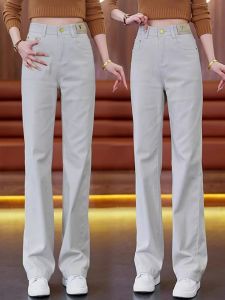 Pure Cotton Wide Leg Jeans for Women Casual High Waist Trousers Grey Straight Cut Jeans Autumn New Style Small Size Fashion