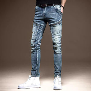 Mens Slim Fit Jeans Spring Autumn Trendy Versatile Washed Motorcycle Slim Leggings High End Vintage Long Pants