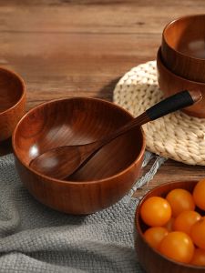 Cute Wooden Bowl Set with Spoon for One Person Dining Kids Special Meal Bowl Small Single Person Rice Bowl Japanese Style