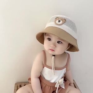 Childrens Fisherman Hat Kids Summer Caps Boys Girls Bucket Hats Cute Bear Outdoor Sun Hats Thin Mesh