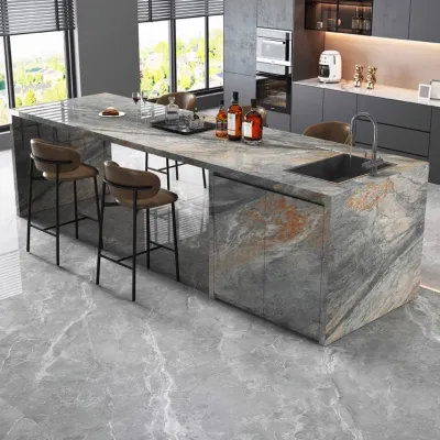 Dual Function Island Dining Table with Sink Luxurious Quartz Rock Slab