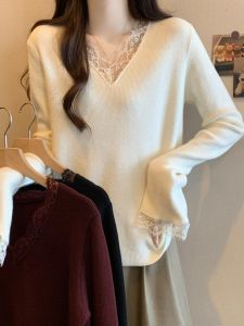 plus Size Womens Knitwear V-Neck Lace Trim Long Sleeve Slimming Inner Wear Casual Autumn Winter Fashion Elegant Base Shirt