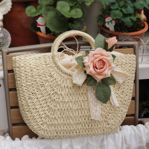 Artistic Handmade Floral Straw Bag Beach Vacation Womens Handbag Summer Large Tote Basket Weave Style Mixed Material Bag