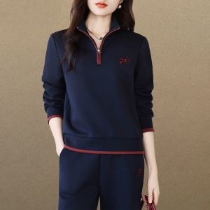 Womens Casual Sporty Half Open Cardigan Long Sleeve Hoodie Two Piece Set Versatile Autumn Spring Fashionable Comfortable