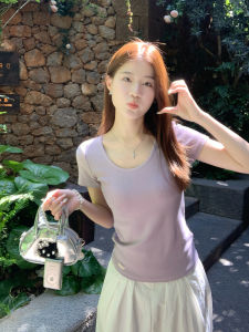 Summer Slim Fit Cotton T-Shirt Womens Purple Short Sleeve U-Neck Casual Breathable Sweat Absorbent Regular Length Top