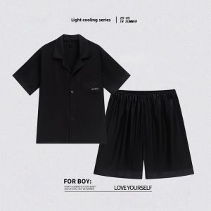 Miiow | Mens Summer Ice Silk Sleepwear Short Sleeve Shorts Breathable Comfortable Lightweight Luxury Style Home Clothes Outdoor Wearable