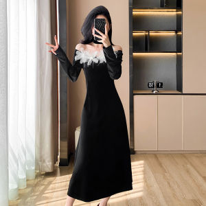 Impression Fashion Store Women Elegant Velvet 3D Flower Collar One-shoulder Long Sleeve High Waist A-line Long Dress