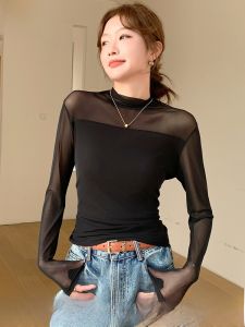 MiiOW | Áo lưới tay dài màu đen MiiOW dành cho nữ mùa xuân mới Áo lưới trong suốt mỏng Áo lót cao cấp Áo sơ mi cổ tròn đơn giản