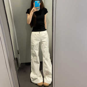 Tall Extended Version Creamy-white American High Street Straight Cargo Pants Female High Waist Loose Slimming and Wide Leg Mop Pants