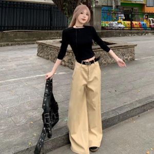 Quần Ống Rộng Dài Màu Kaki Phong Cách Công Sở Mùa Hè Cho Nữ Cỡ Lớn Cạp Cao Quần Ống Rộng Thoải Mái Giản Dị Cổ Điển