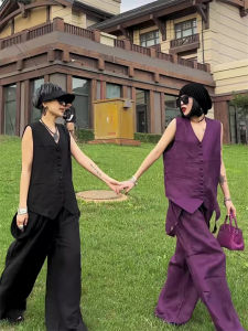 Fashionable V-neck Sleeveless T-shirt High Waist Casual Pants Set Womens Loose Slimming Street Style Two-piece Summer Outfit