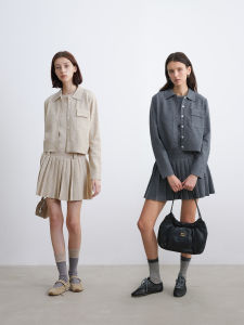 Classic Polo Neck Knitted Cardigan And Pleated Vest Dress Set by Kernel Cosmos Fashionable Two-Piece Womens Ensemble