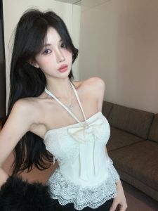 GUZILIAN | เสื้อกล้ามแขนกุดสไตล์เกาหลีสำหรับผู้หญิงวัย 18-24 ปี ผ้าฝ้ายผสมไนลอนลายโบว์ผีเสื้อสไตล์หวานและเซ็กซี่