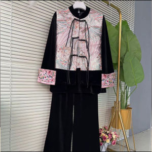 plus Size Velvet Jacket with Tassel National Style Sleeve Patchwork Elastic Waist Wide Leg Pants Womens Casual Wear