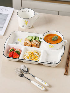 Ceramic Divided Breakfast Plate Deepened Five Grids Postpartum Dining Utensils Adult Home Set Rectangular Shape 12 Inch Size
