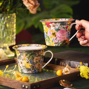 แก้วกาแฟเซรามิกพร้อมฝา แก้วกาแฟเช้าสำหรับใช้ในบ้านและออฟฟิศ แก้วกาแฟสำหรับดื่มชาและกาแฟ ของขวัญ แก้วกาแฟลายดอกไม้