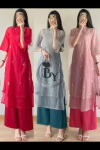 Set Bộ Áo Dài Thêu Hoa Nổi 4 Tà Tay Loe 4 Tà Cao Cấp Có Size To BY2138