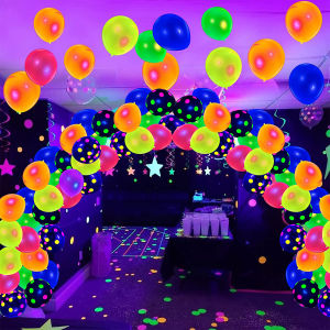 90Pcs Neon Balloons 12 UV Neon Glow Balloons Reusable Polka Dot Blacklight Balloons Glow in the Dark Latex Balloon Blacklight