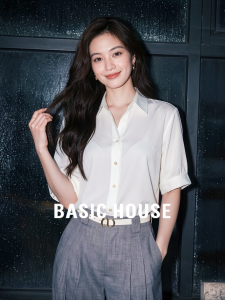 Basic House | White Satin Polo Collar Short Sleeve Shirt Lightweight for Summer