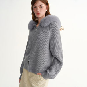 DUSHU | Removable Fur Collar Hooded Knit Cardigan Womens Plus Size