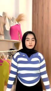 Atasan Rajut BerKerah & Polo Tali Salur Lengan Panjang - Vneck Top Blouse Stripe