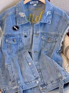 Loose Oversize Denim Vest Womens Spring Autumn Sleeveless Embroidered Top Trendy Outerwear Jacket Polo Collar Single Button
