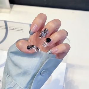 Bộ 24 móng tay giả dài - DZ 115 - đính charm sang trọng dự tiệc cho nữ màu đen - Kèm keo dán móng CÓ ẢNH SP THẬT