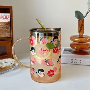 Cute Cartoon Design Borosilicate Glass Water Cup With Large Capacity And Handle