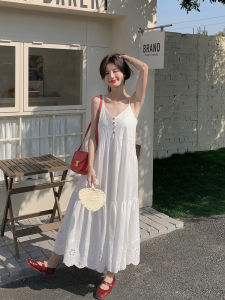 White Romantic Lace Halter Dress Summer New Style Holiday Womens Dress Gored Skirt A-Line Silhouette V-Neck Sleeveless Long Dress
