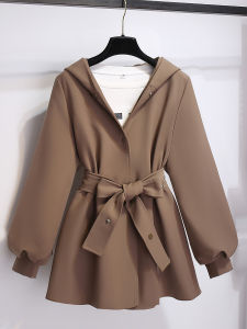 Hooded Short Waist-Cinching Womens Jacket Little Fragrance Style Spring Autumn New Casual Coat Small Size Lantern Sleeve