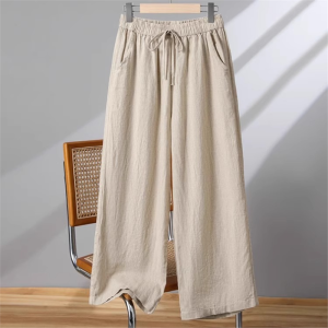 High Waist Wide Leg Cotton Linen Nine-Foot Pants Women Summer Thin Loose Straight Cut Pants Breathable Pure Color Versatile