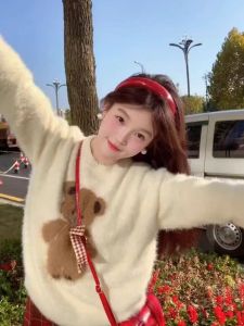 เสื้อสเวตเตอร์ผู้หญิงขนกระต่ายสีน้ำตาล เสื้อคลุมแฟชั่นฤดูใบไม้ร่วง/ฤดูหนาว ปกหมากรุก ถัก แขนยาว ปกติ