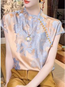 Genuine Product Clearance Label Cutting Counter Export Jacquard New Chinese Style National Style Xiangyun Yarn Short Sleeve Tops Womens Summer Silk Shirt