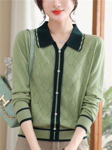 Elegant Midlife Womens Long Sleeve Knitted Base Shirt Spring Autumn Sweater Set Fashionable Polo Neck Loose Fit Regular Thickness