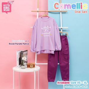 Oneset Camellia Vitto Kidswear Setelan Baju Muslim Anak Perempuan Set Celana Panjang Cargo Kaos Oversize