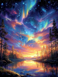 Huacan Full Diamond Painting Aurora River Forest Diamond Mosaic Landscape New Collection Picture Of Rhinestones