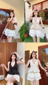 BA100 TARA Shirt เสื้อครอป ทรงบอลลูน ลายจุด คล้องคอ สม็อกหลัง มีโบว์ผูกหลัง เนื้อผ้าไหมอิตาลีพิมพ์ลายจุด