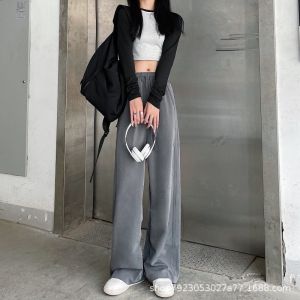 Womens Casual Trousers Autumn New Style American Retro Loose Drapey Stripe Floor-Length Wide Leg Straight Cut Pants