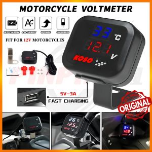 E&M KOSO Voltmeter 12V For Motorcycle/Car 3 in1 Waterproof USB Fast Charger Temperature Universal