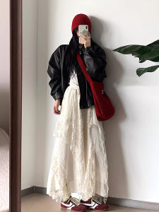XUECAIQI | Elegant Cool Black Leather Jacket Lace Skirt Two-Piece Set