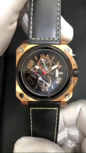 Max Grand Prix Square Chronograph Rose Gold-Black Steel/Black Dial Leather Strap Mens Watch 45x45mm 5-MAX449