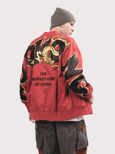 เสื้อแจ็คเก็ตเบสบอลสีแดงปักลาย WOOKONG สำหรับผู้ชายและผู้หญิง สไตล์ลำลอง ทรงหลวม แขนยาว คอโปโล ปกติ ฤดูใบไม้ร่วง 2021